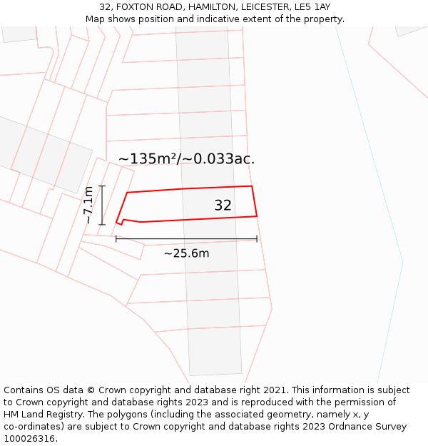32, FOXTON ROAD, HAMILTON, LEICESTER, LE5 1AY: Plot and title map