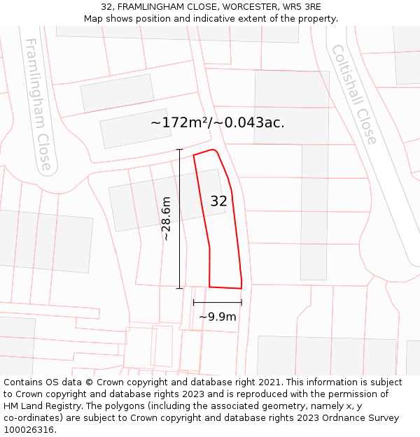 32, FRAMLINGHAM CLOSE, WORCESTER, WR5 3RE: Plot and title map