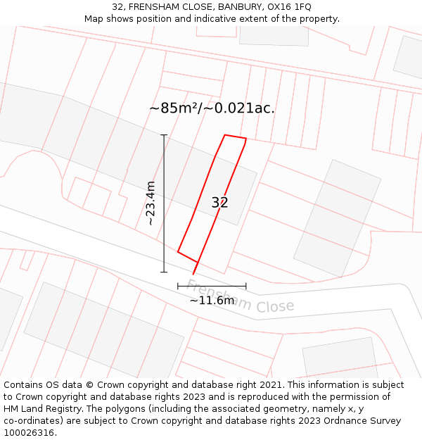 32, FRENSHAM CLOSE, BANBURY, OX16 1FQ: Plot and title map