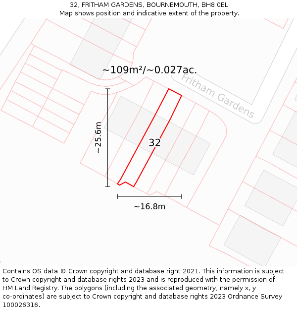 32, FRITHAM GARDENS, BOURNEMOUTH, BH8 0EL: Plot and title map