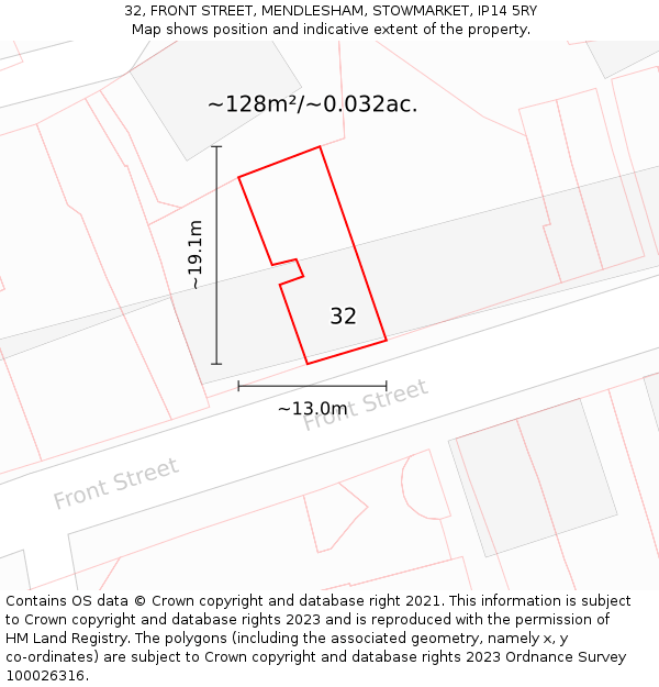 32, FRONT STREET, MENDLESHAM, STOWMARKET, IP14 5RY: Plot and title map