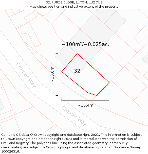 32, FURZE CLOSE, LUTON, LU2 7UB: Plot and title map