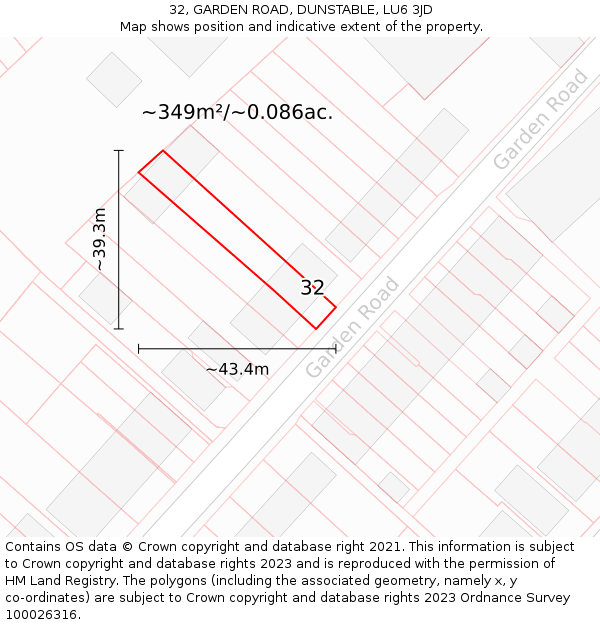 32, GARDEN ROAD, DUNSTABLE, LU6 3JD: Plot and title map