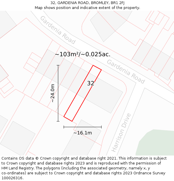 32, GARDENIA ROAD, BROMLEY, BR1 2FJ: Plot and title map