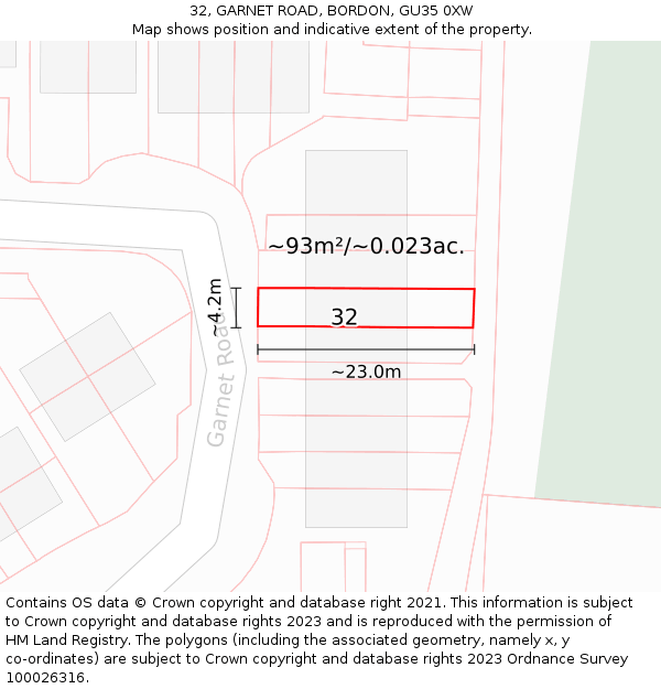 32, GARNET ROAD, BORDON, GU35 0XW: Plot and title map