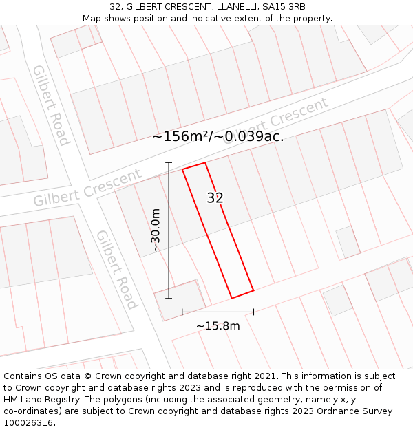 32, GILBERT CRESCENT, LLANELLI, SA15 3RB: Plot and title map
