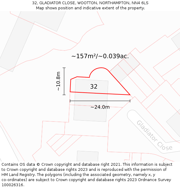 32, GLADIATOR CLOSE, WOOTTON, NORTHAMPTON, NN4 6LS: Plot and title map