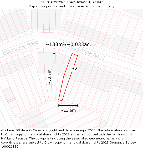 32, GLADSTONE ROAD, IPSWICH, IP3 8AT: Plot and title map