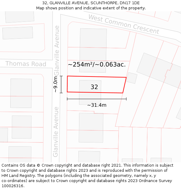 32, GLANVILLE AVENUE, SCUNTHORPE, DN17 1DE: Plot and title map