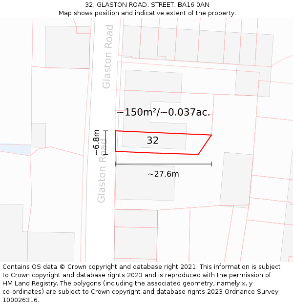 32, GLASTON ROAD, STREET, BA16 0AN: Plot and title map