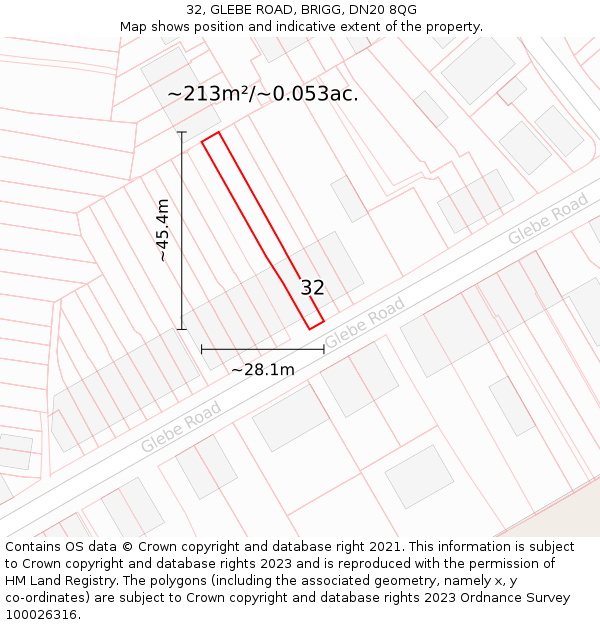 32, GLEBE ROAD, BRIGG, DN20 8QG: Plot and title map