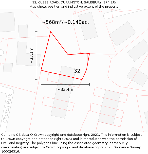 32, GLEBE ROAD, DURRINGTON, SALISBURY, SP4 8AY: Plot and title map