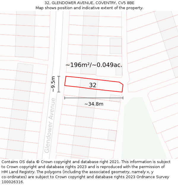 32, GLENDOWER AVENUE, COVENTRY, CV5 8BE: Plot and title map