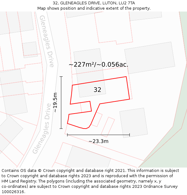 32, GLENEAGLES DRIVE, LUTON, LU2 7TA: Plot and title map