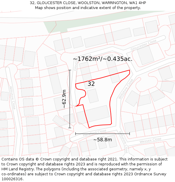 32, GLOUCESTER CLOSE, WOOLSTON, WARRINGTON, WA1 4HP: Plot and title map