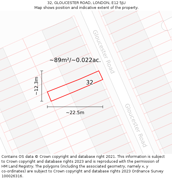 32, GLOUCESTER ROAD, LONDON, E12 5JU: Plot and title map
