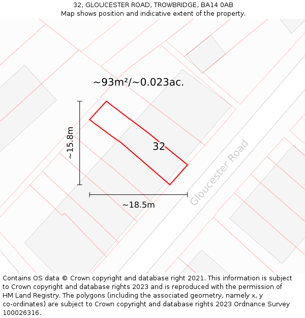 32, GLOUCESTER ROAD, TROWBRIDGE, BA14 0AB: Plot and title map