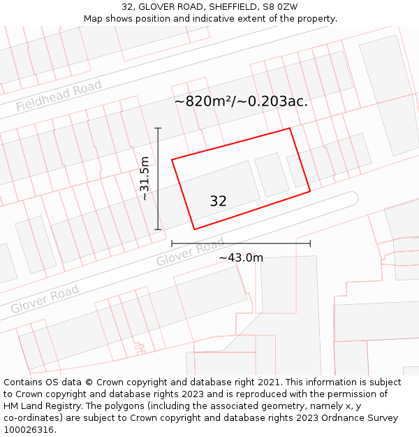 32, GLOVER ROAD, SHEFFIELD, S8 0ZW: Plot and title map