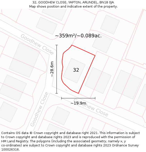 32, GOODHEW CLOSE, YAPTON, ARUNDEL, BN18 0JA: Plot and title map