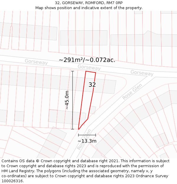 32, GORSEWAY, ROMFORD, RM7 0RP: Plot and title map