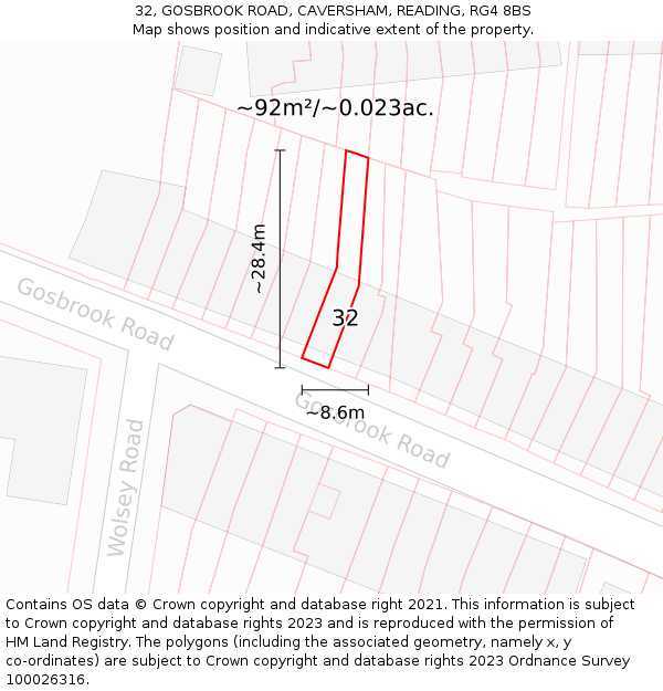 32, GOSBROOK ROAD, CAVERSHAM, READING, RG4 8BS: Plot and title map