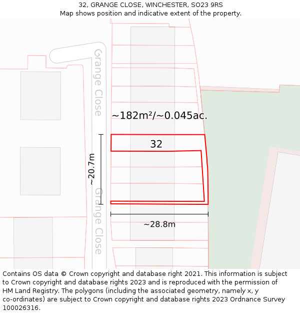 32, GRANGE CLOSE, WINCHESTER, SO23 9RS: Plot and title map