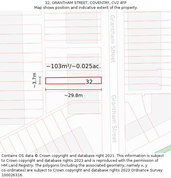 32, GRANTHAM STREET, COVENTRY, CV2 4FP: Plot and title map