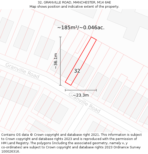 32, GRANVILLE ROAD, MANCHESTER, M14 6AE: Plot and title map