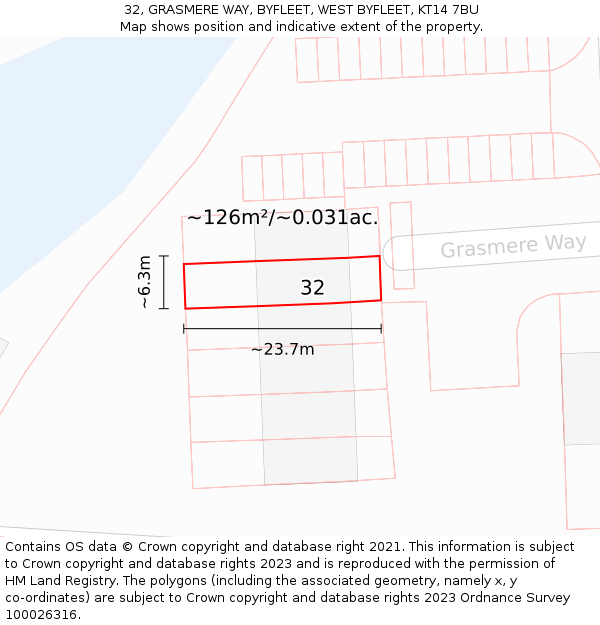 32, GRASMERE WAY, BYFLEET, WEST BYFLEET, KT14 7BU: Plot and title map