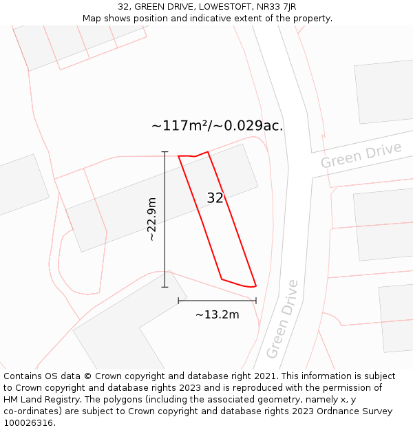 32, GREEN DRIVE, LOWESTOFT, NR33 7JR: Plot and title map