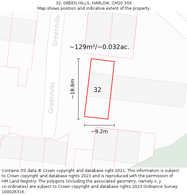 32, GREEN HILLS, HARLOW, CM20 3SX: Plot and title map