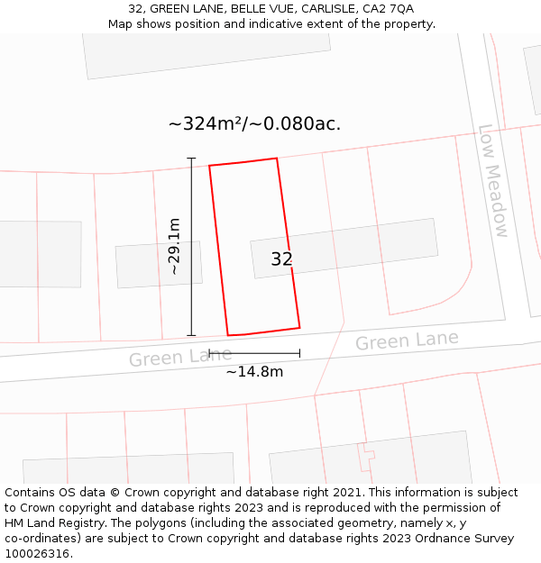 32, GREEN LANE, BELLE VUE, CARLISLE, CA2 7QA: Plot and title map