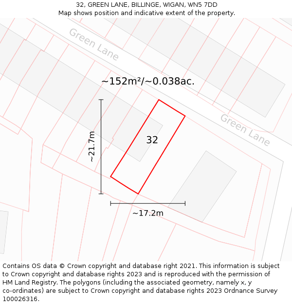 32, GREEN LANE, BILLINGE, WIGAN, WN5 7DD: Plot and title map