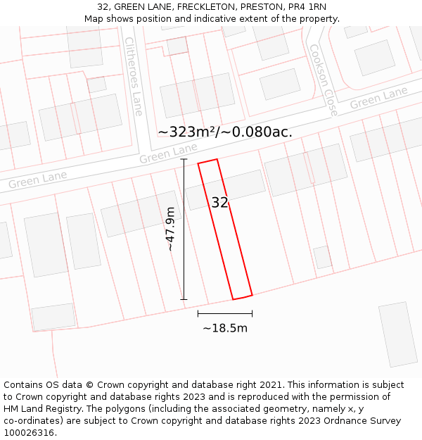 32, GREEN LANE, FRECKLETON, PRESTON, PR4 1RN: Plot and title map