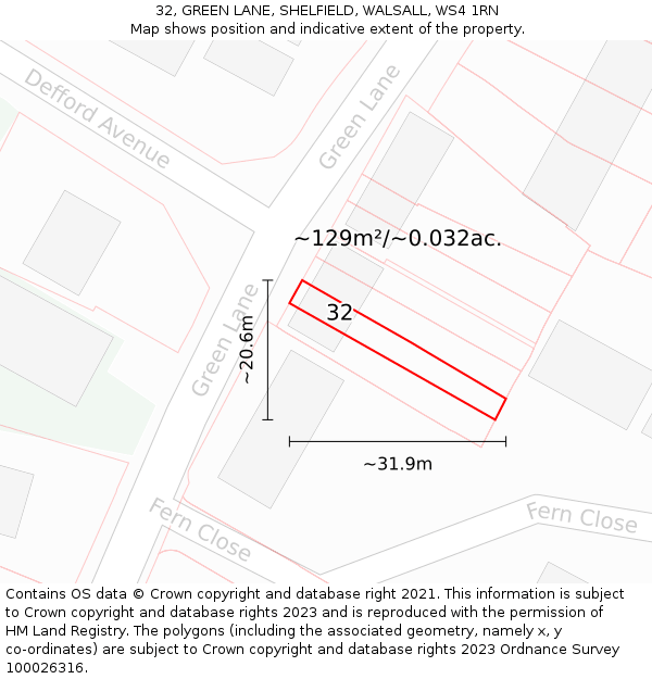 32, GREEN LANE, SHELFIELD, WALSALL, WS4 1RN: Plot and title map