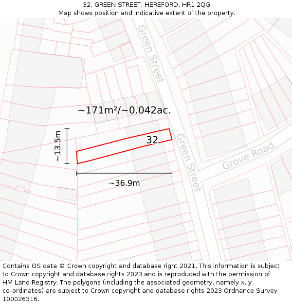 32, GREEN STREET, HEREFORD, HR1 2QG: Plot and title map