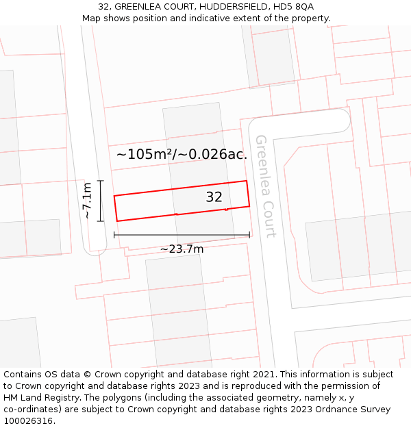 32, GREENLEA COURT, HUDDERSFIELD, HD5 8QA: Plot and title map