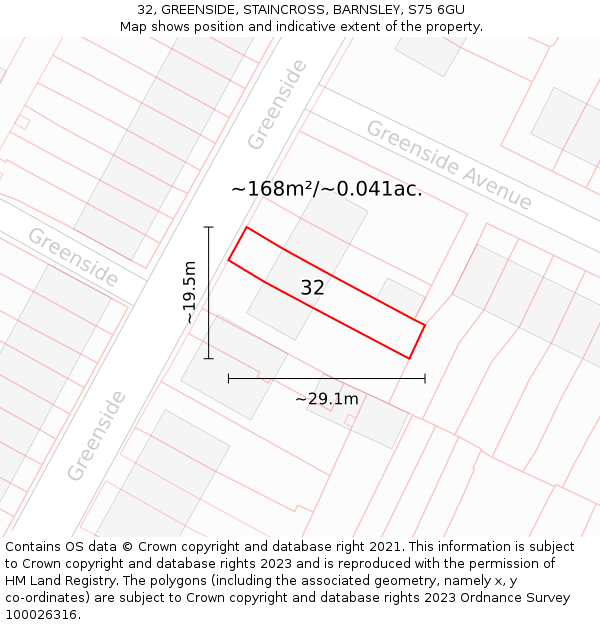 32, GREENSIDE, STAINCROSS, BARNSLEY, S75 6GU: Plot and title map
