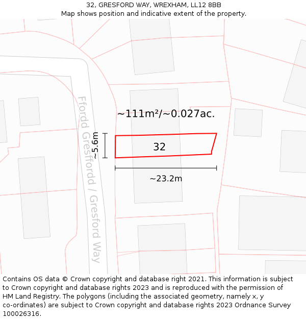 32, GRESFORD WAY, WREXHAM, LL12 8BB: Plot and title map