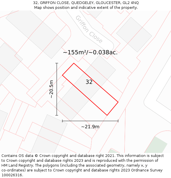 32, GRIFFON CLOSE, QUEDGELEY, GLOUCESTER, GL2 4NQ: Plot and title map
