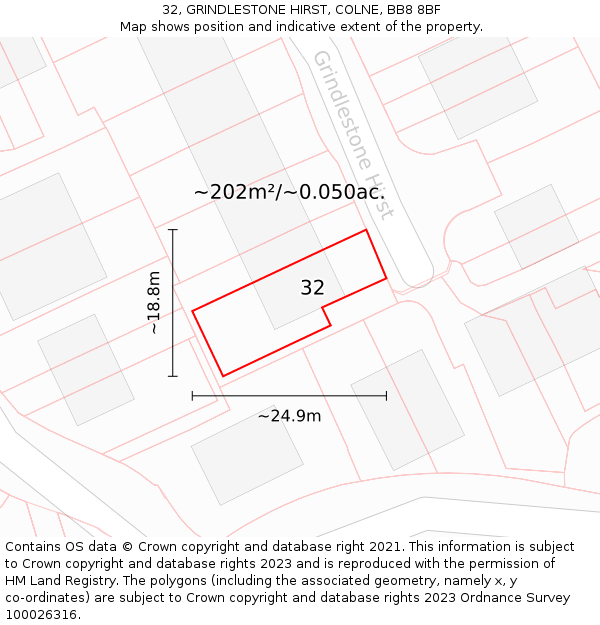 32, GRINDLESTONE HIRST, COLNE, BB8 8BF: Plot and title map