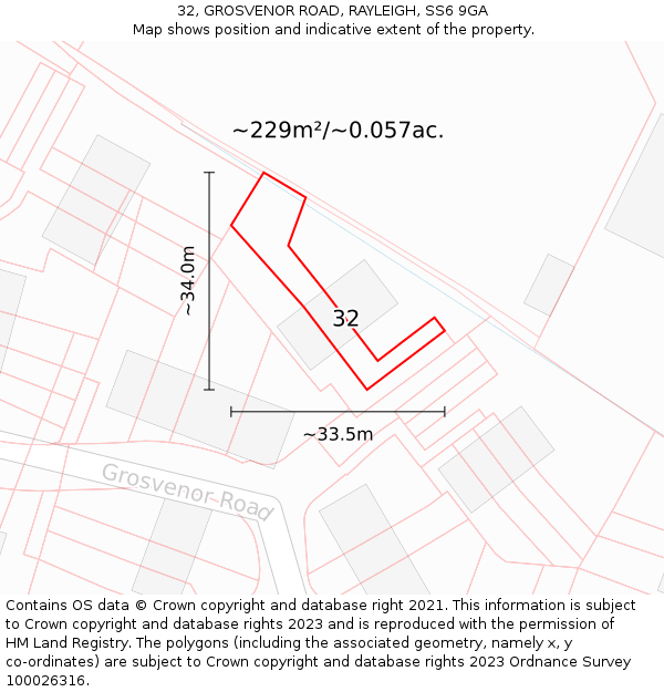 32, GROSVENOR ROAD, RAYLEIGH, SS6 9GA: Plot and title map