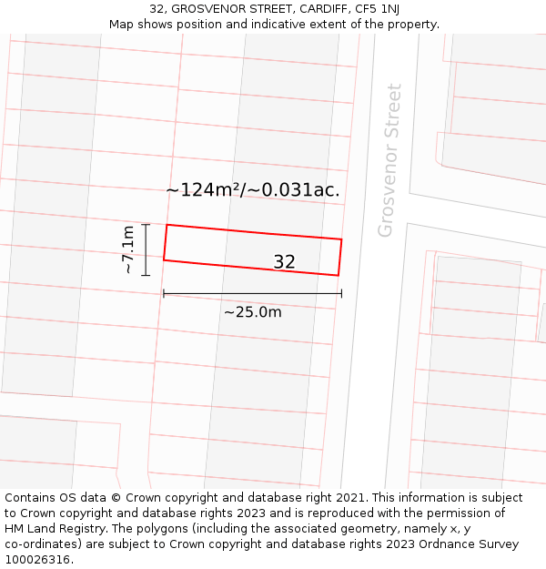 32, GROSVENOR STREET, CARDIFF, CF5 1NJ: Plot and title map