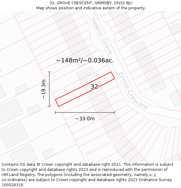 32, GROVE CRESCENT, GRIMSBY, DN32 8JU: Plot and title map