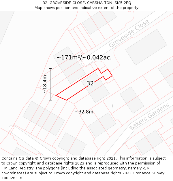 32, GROVESIDE CLOSE, CARSHALTON, SM5 2EQ: Plot and title map