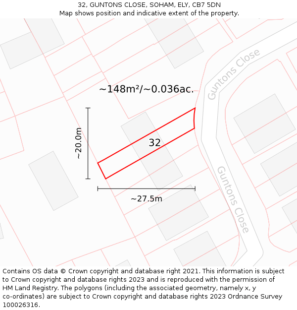 32, GUNTONS CLOSE, SOHAM, ELY, CB7 5DN: Plot and title map