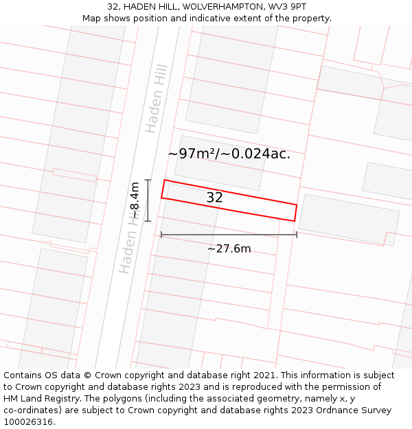 32, HADEN HILL, WOLVERHAMPTON, WV3 9PT: Plot and title map