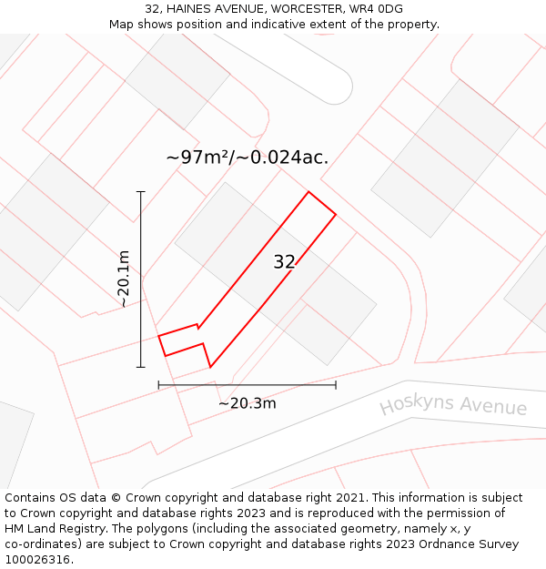 32, HAINES AVENUE, WORCESTER, WR4 0DG: Plot and title map