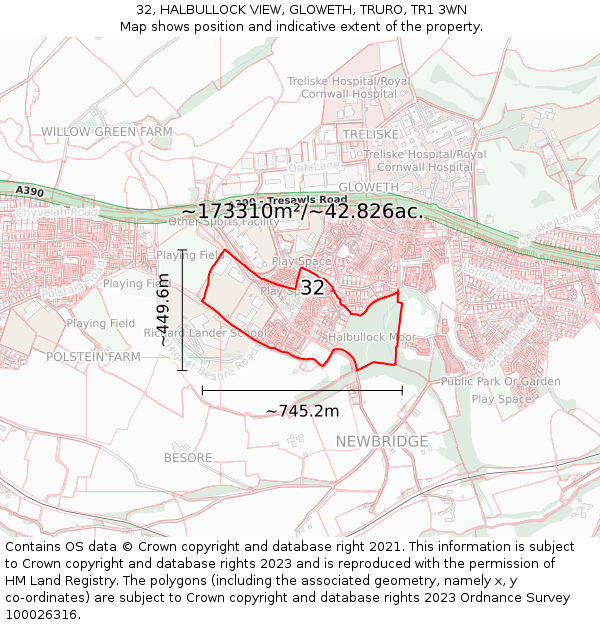 32, HALBULLOCK VIEW, GLOWETH, TRURO, TR1 3WN: Plot and title map