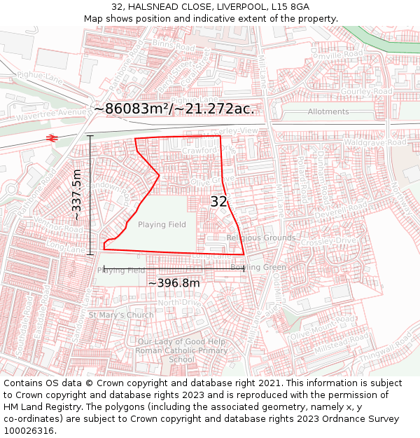 32, HALSNEAD CLOSE, LIVERPOOL, L15 8GA: Plot and title map